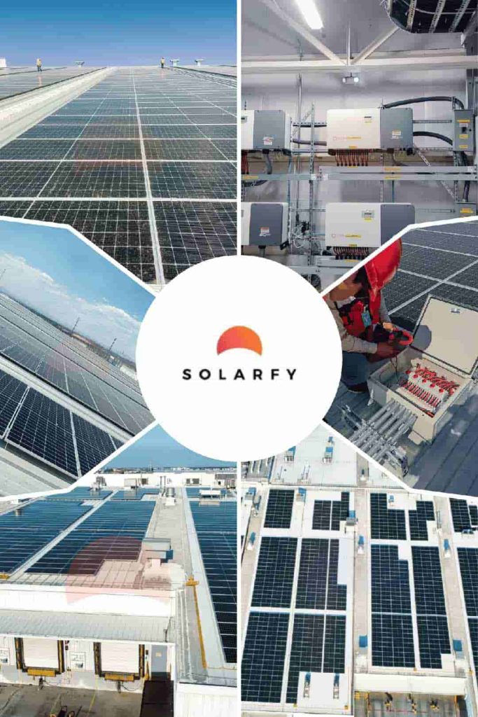 show drone view of solar panel on roof of three different project, with their cables and inverters