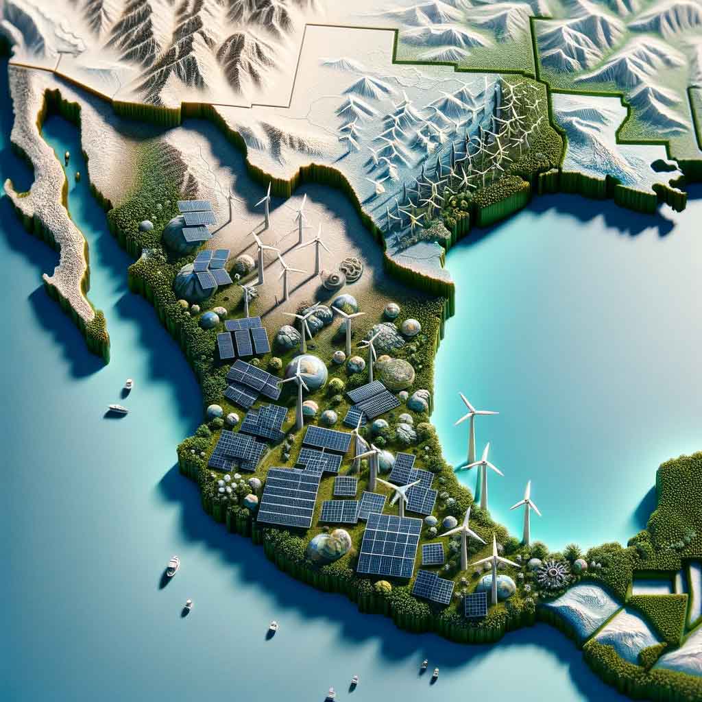 map of mexico full of solar panels and eolic turbines