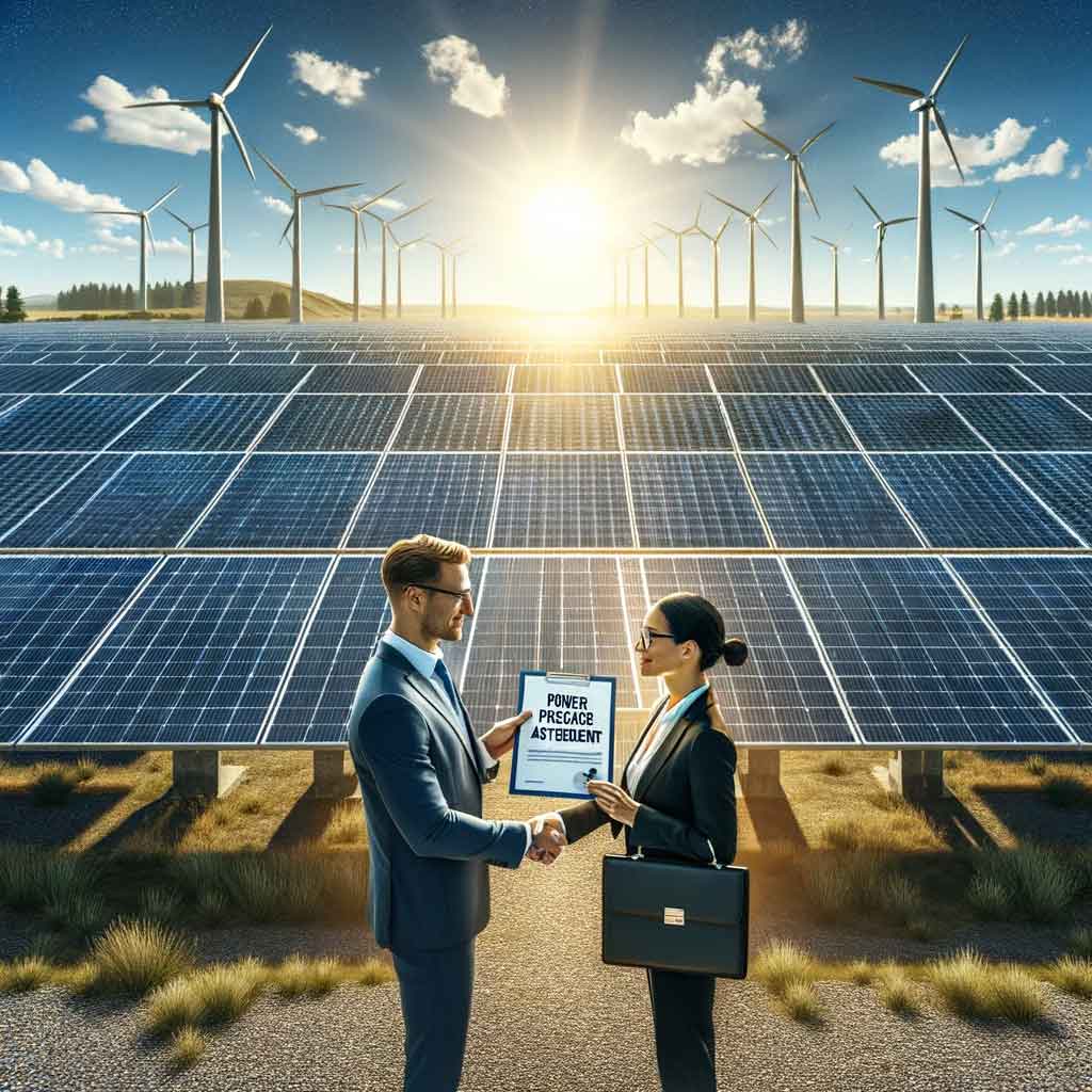 two people sharing a document between a solar farm