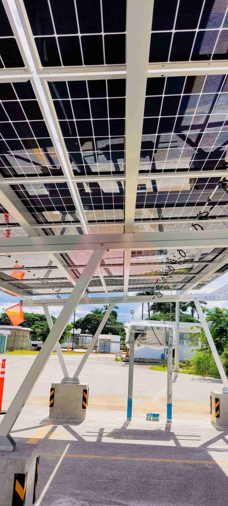 aluminum structure with solar panels, view from below